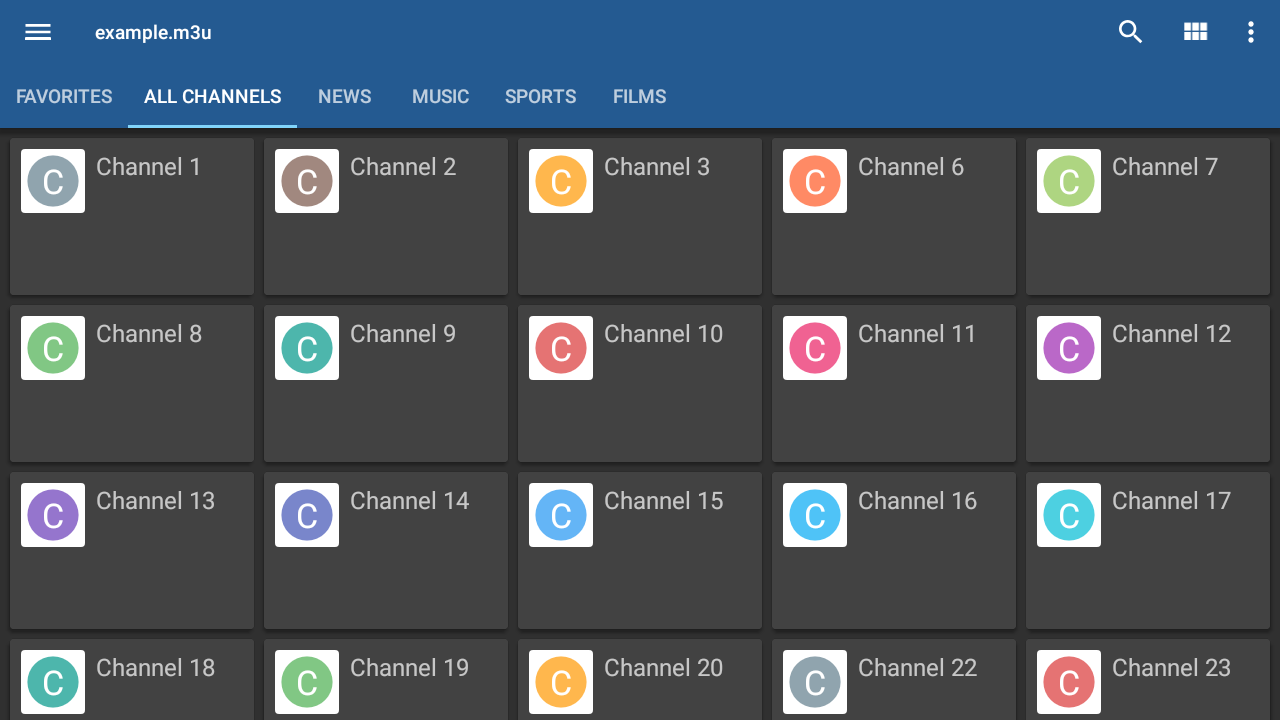 平板端视图：顶部标签栏里 FAVORITES、ALL CHANNELS、NEWS、MUSIC、SPORTS、FILMS 依次排开
